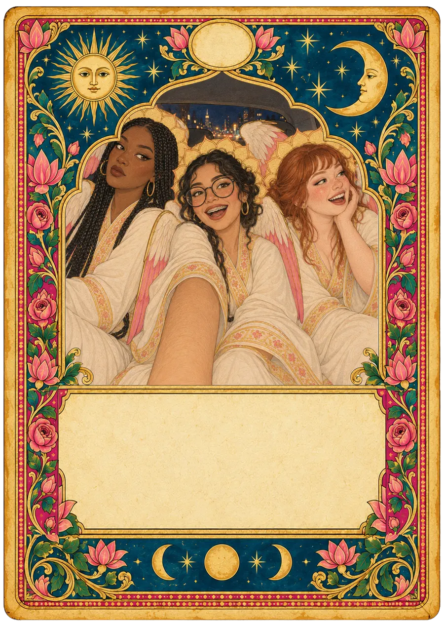 Three angels squeezed into the back seat of a car at night, one holding the camera at arm's length.