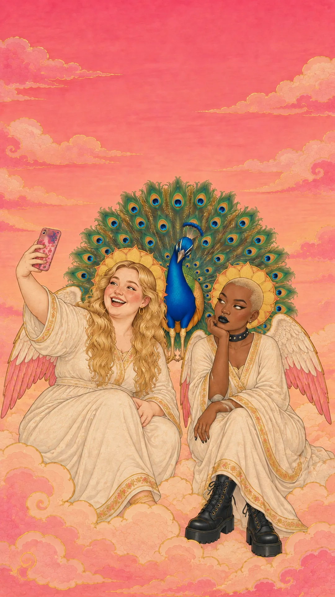 Two angels on a cloud at dawn take a selfie, one laughing, one giving the camera a side-eye, while a peacock in full display photobombs between them.