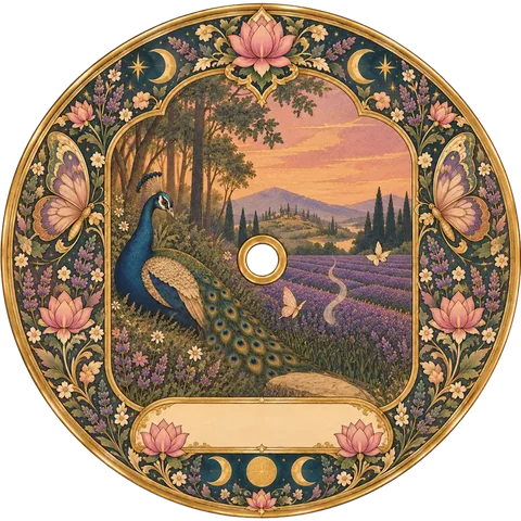 A record painted with a peacock resting beside a lavender field at sunset.