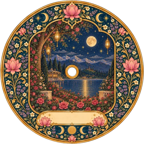 A record painted with a moonlit rose garden by a lake, lanterns in the trees.