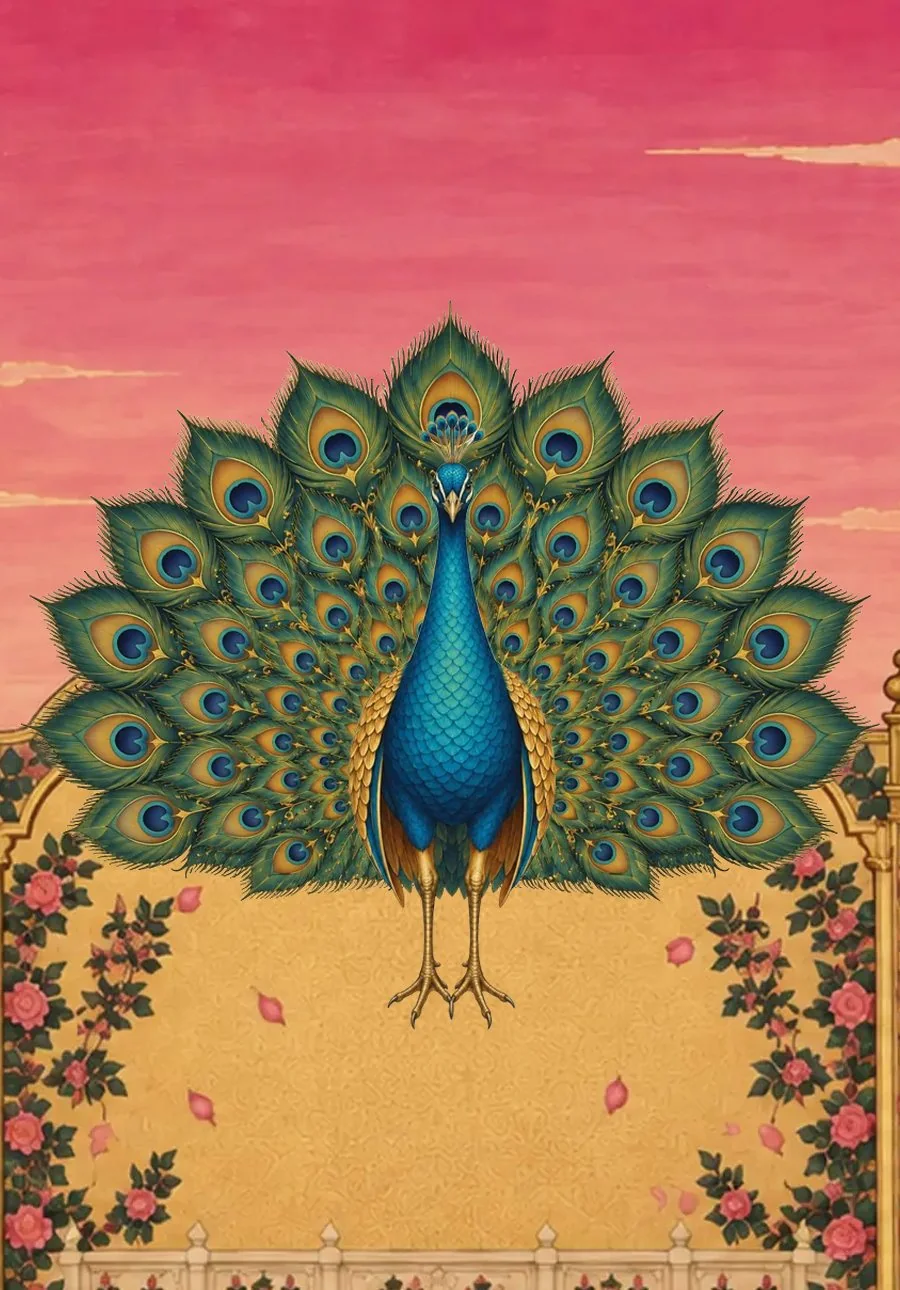 A peacock faces you with its tail open, standing on a gold ledge in a rose garden at dawn.
