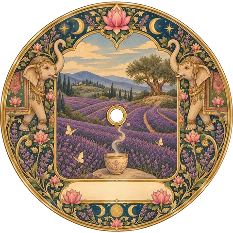 A record painted with a lavender field and a steaming cup, framed by two elephants.