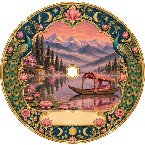 A record painted with a Kashmir lake at dawn, a canopied boat and two peacocks.