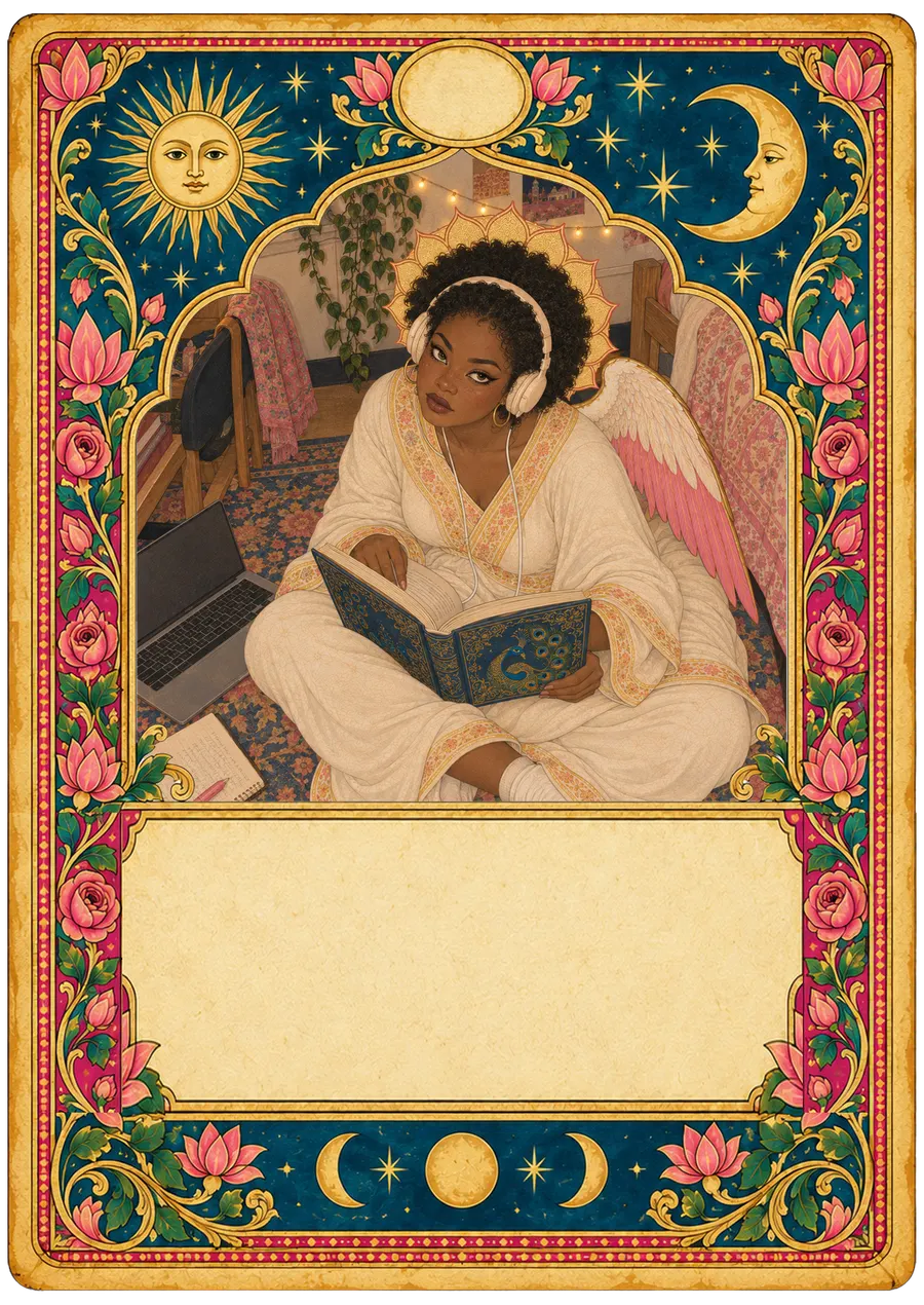 An angel in headphones sits on a dorm rug reading the Book, giving the camera a deadpan stare.