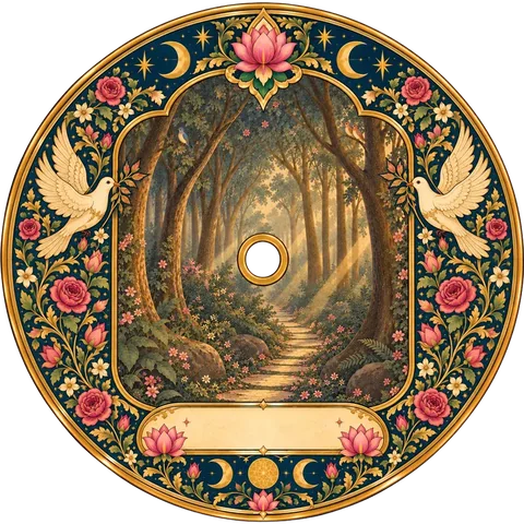 A record painted with a forest path in morning light, framed by two white doves.