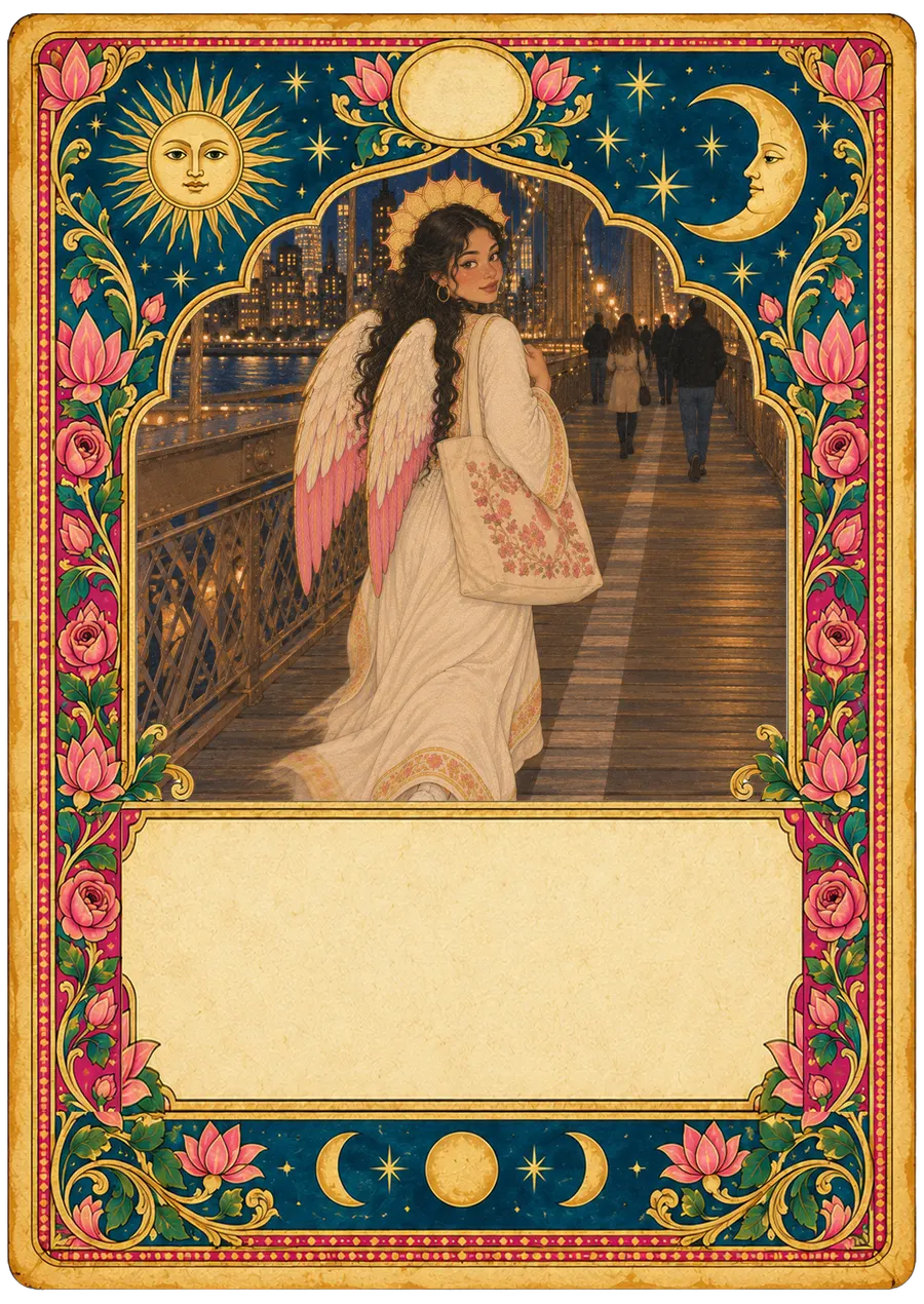 An angel walking across the Brooklyn Bridge at night glances back over her shoulder.