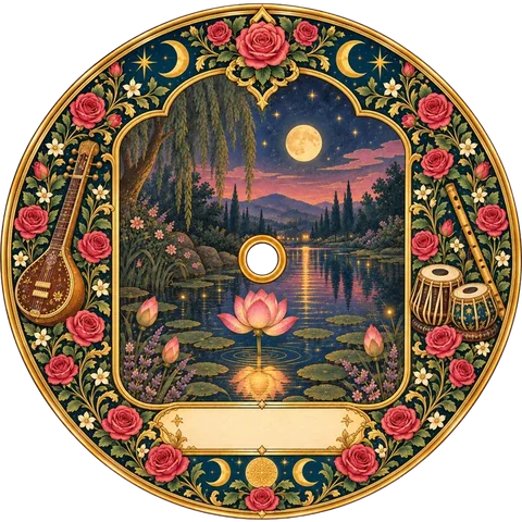 A record painted with a lotus on a moonlit pond, framed by a sitar, tabla and flute.