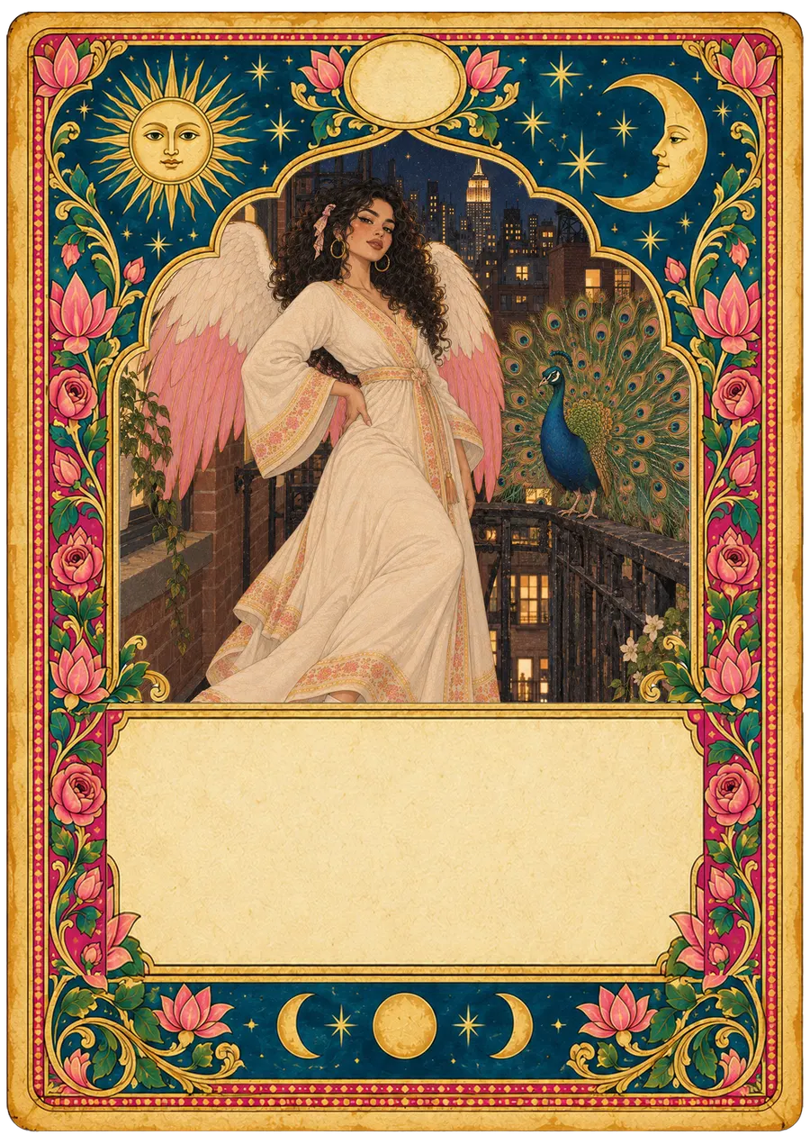 An angel with big curly hair strikes a pose on a fire escape at night, wings flung wide, while a peacock beside her fans its tail.