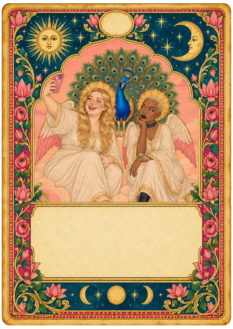Two angels on a cloud take a selfie, one laughing, one side-eyeing, while a peacock photobombs.