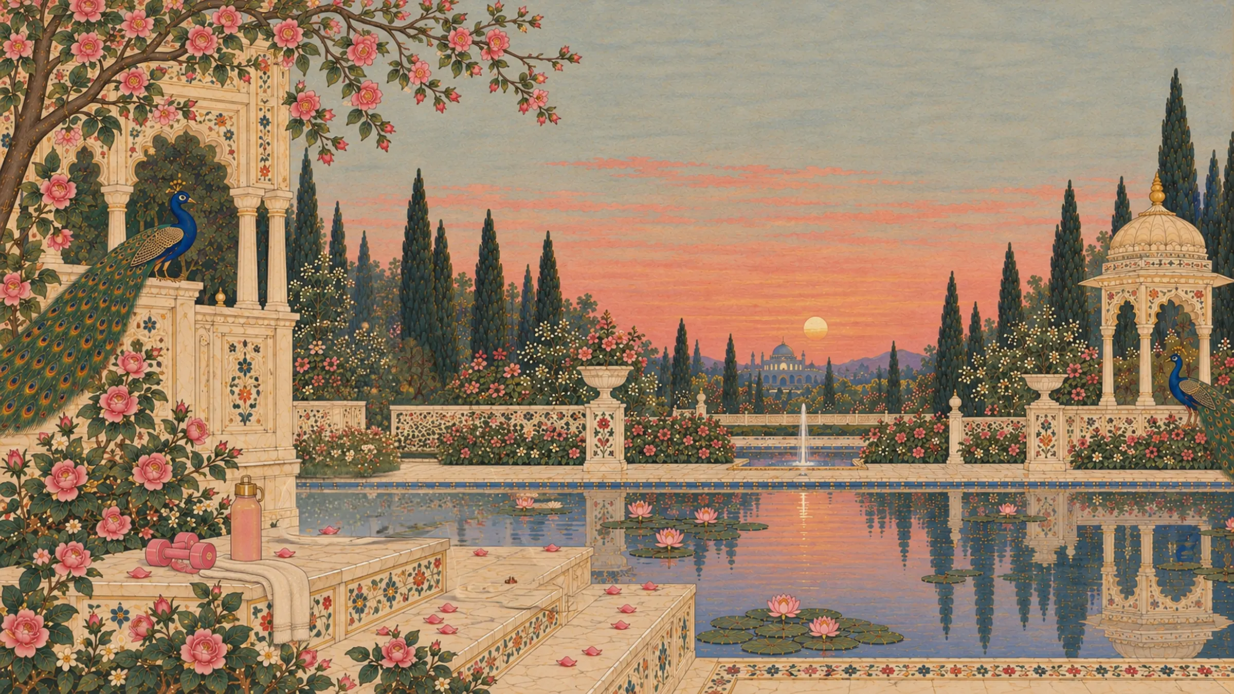Mughal-style painting of a garden pool at dusk