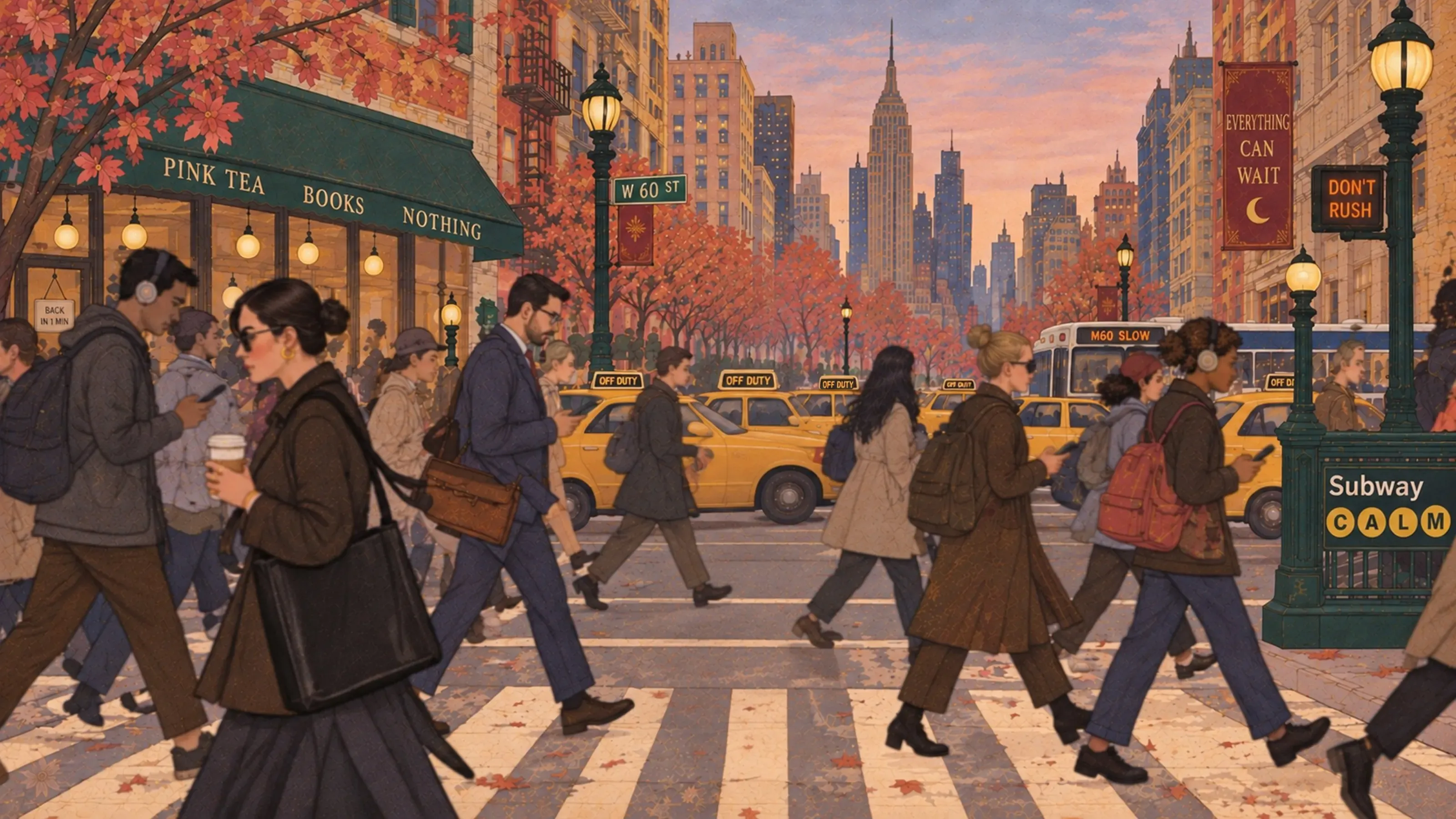 Mughal-style painting of a busy New York crossing at dusk where everyone looks down at a phone, under signs reading Pink Tea, Books, Nothing, Everything Can Wait and Don't Rush