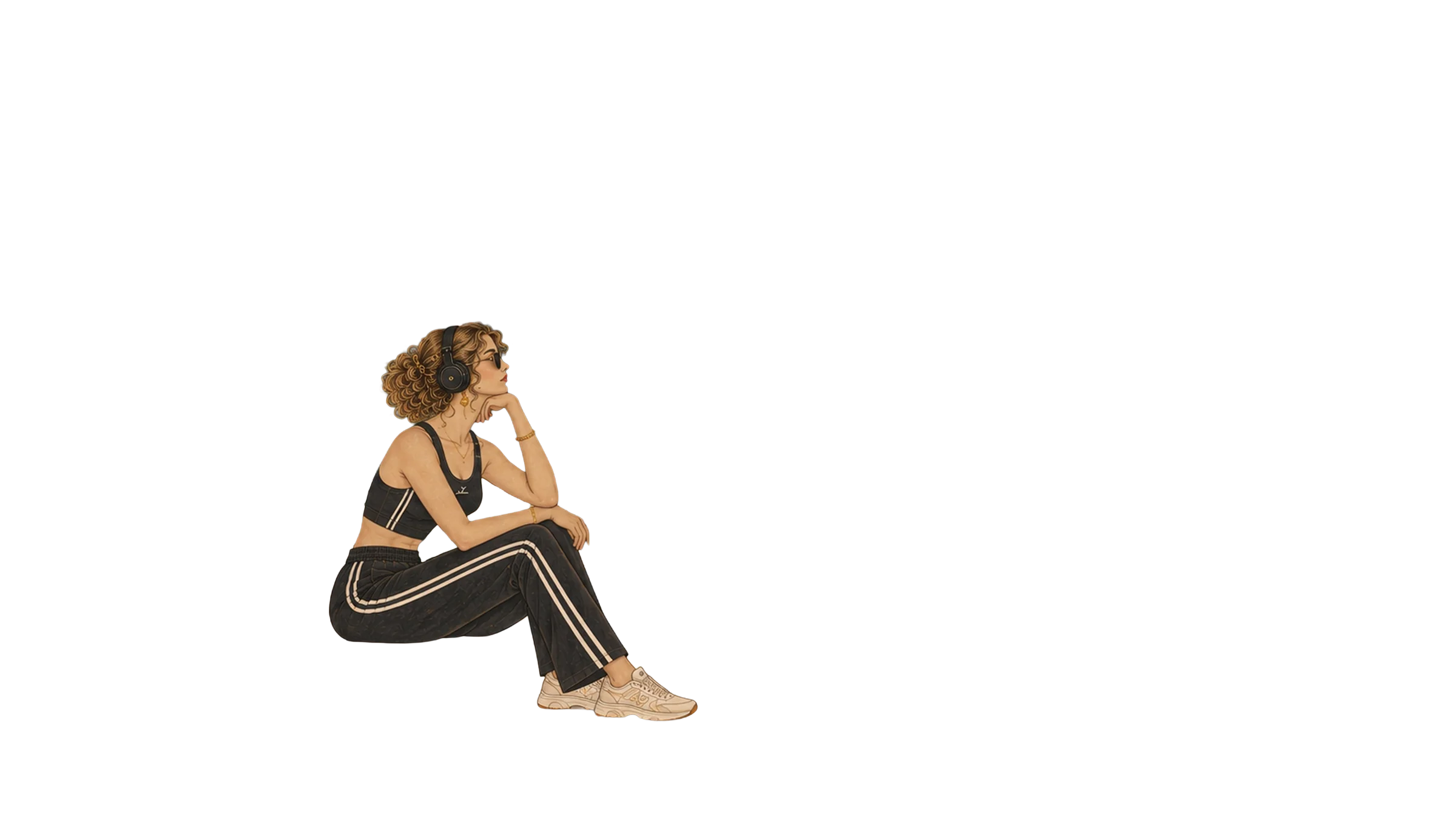 A young woman in a sports top and track pants sitting by the pool, headphones on, looking out at the water