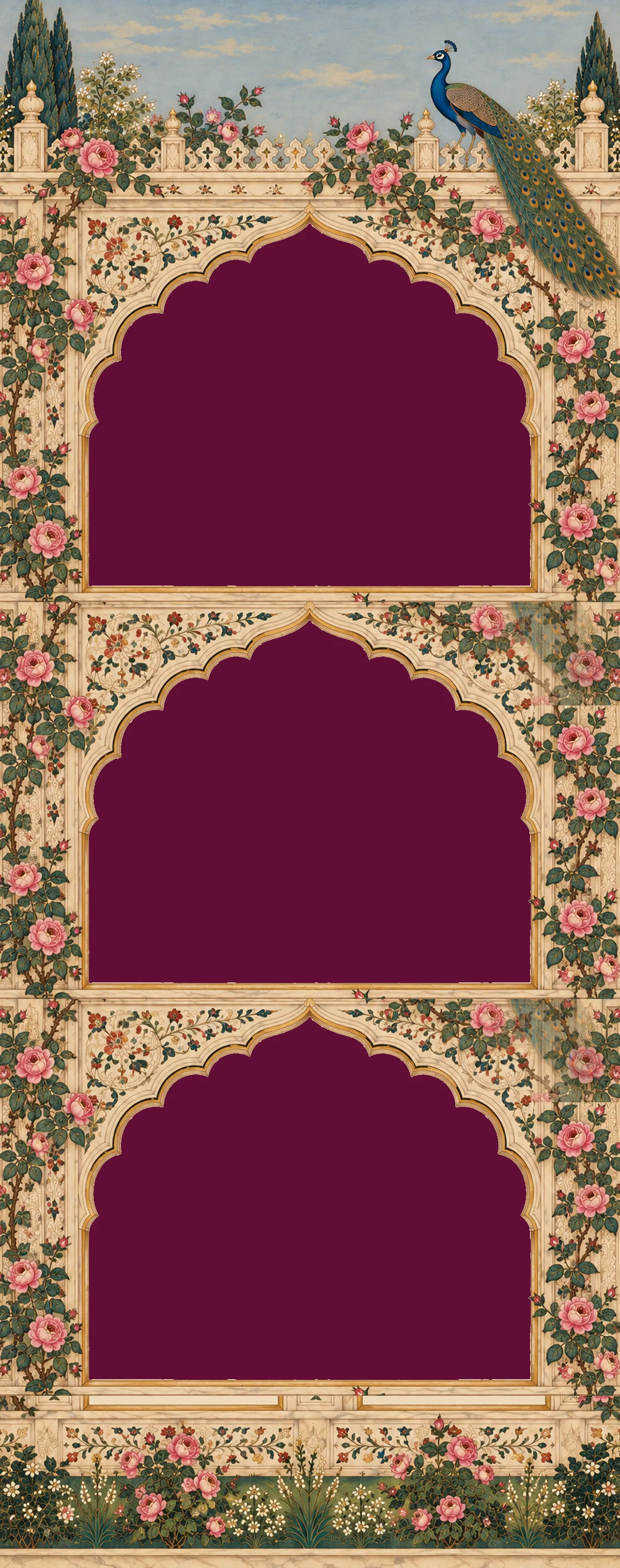A tall carved marble garden wall with three arches and a peacock on top