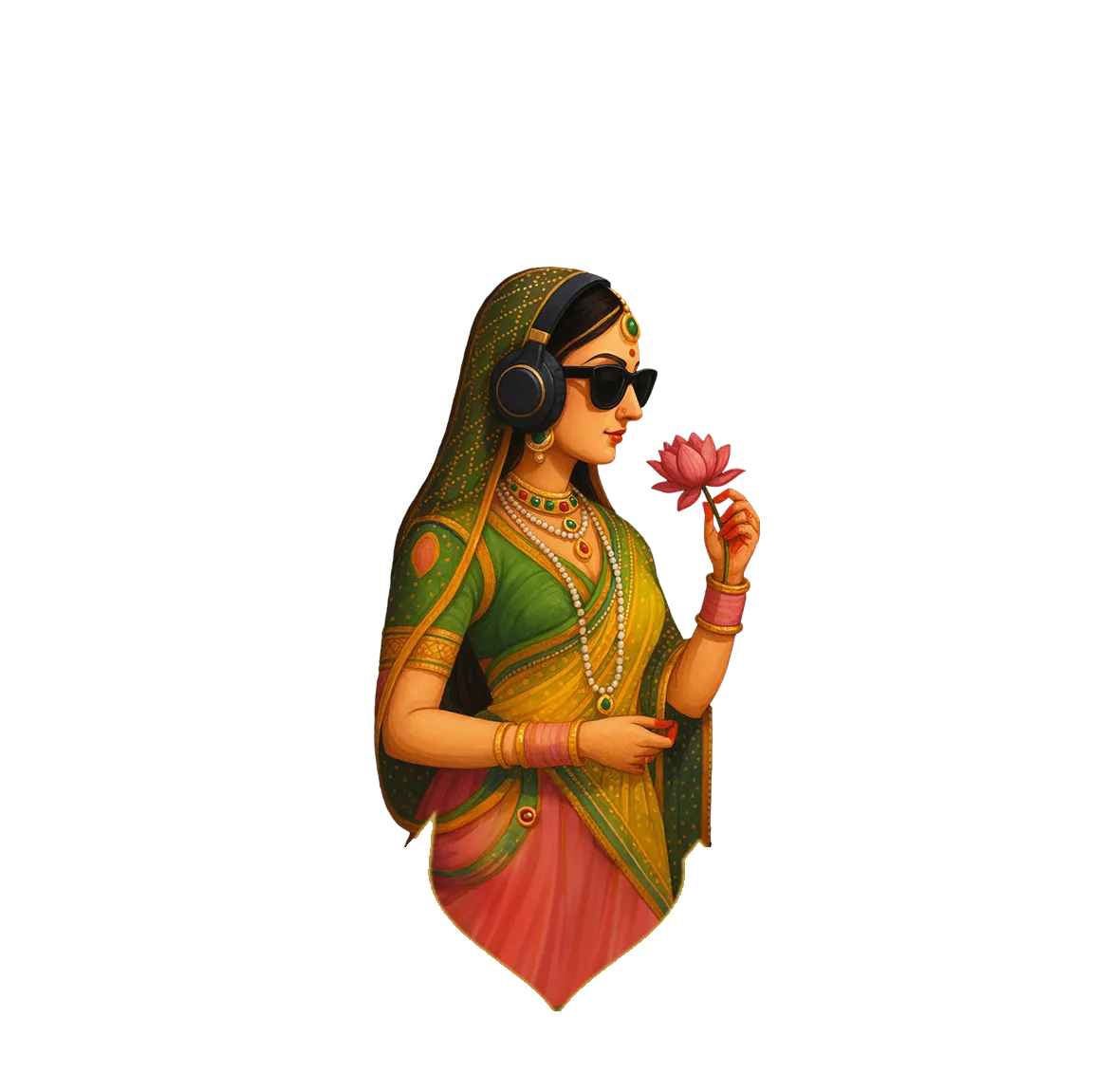 A woman in a green and gold sari, wearing headphones and sunglasses, smelling a pink lotus inside a gold lotus frame