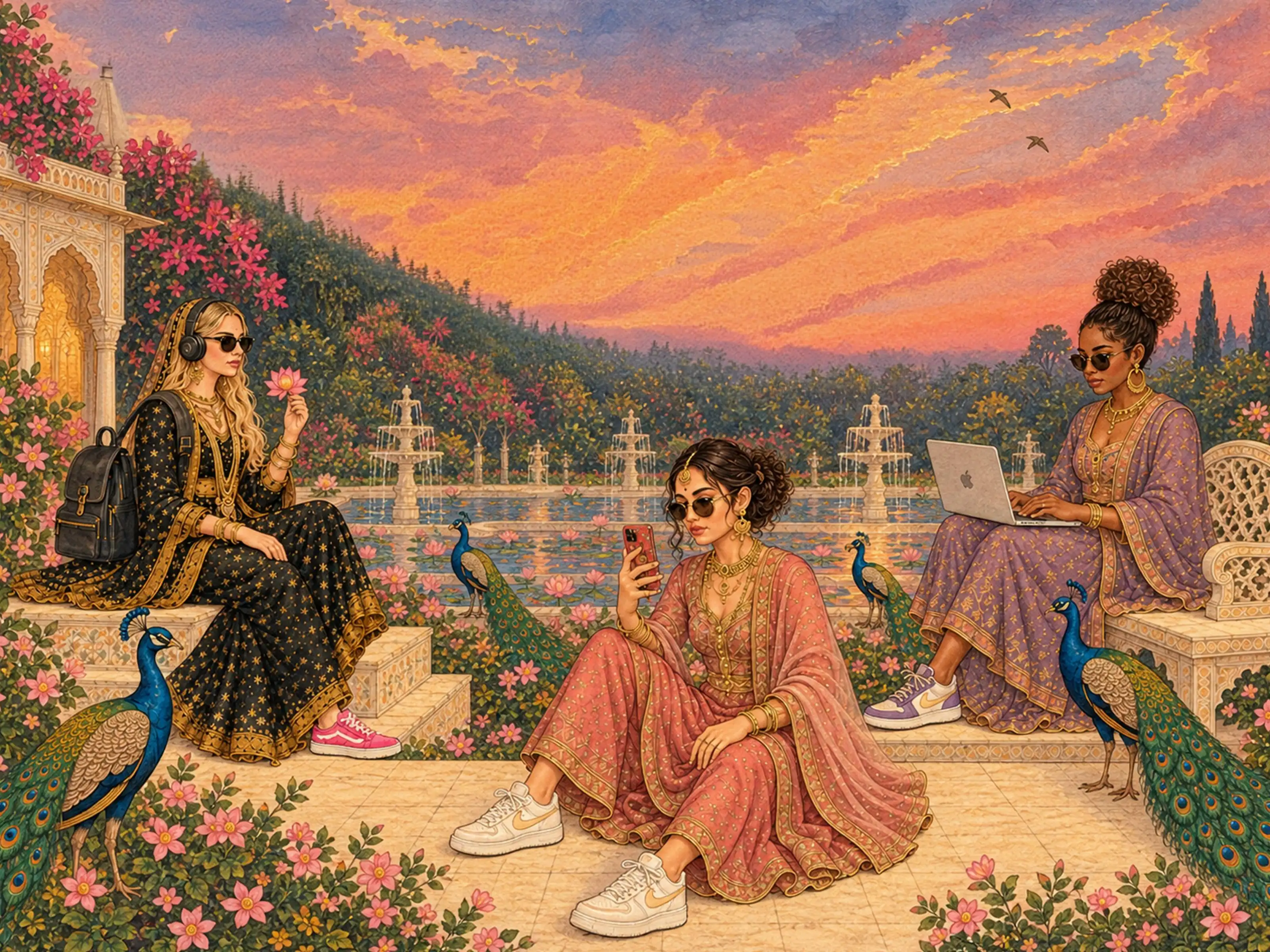 Three friends taking a calm minute on a Mughal garden terrace at sunset, with fountains, lotus pools and peacocks: one on the steps with headphones holding a lotus, one sitting on the terrace with her phone, one on a marble bench with her laptop