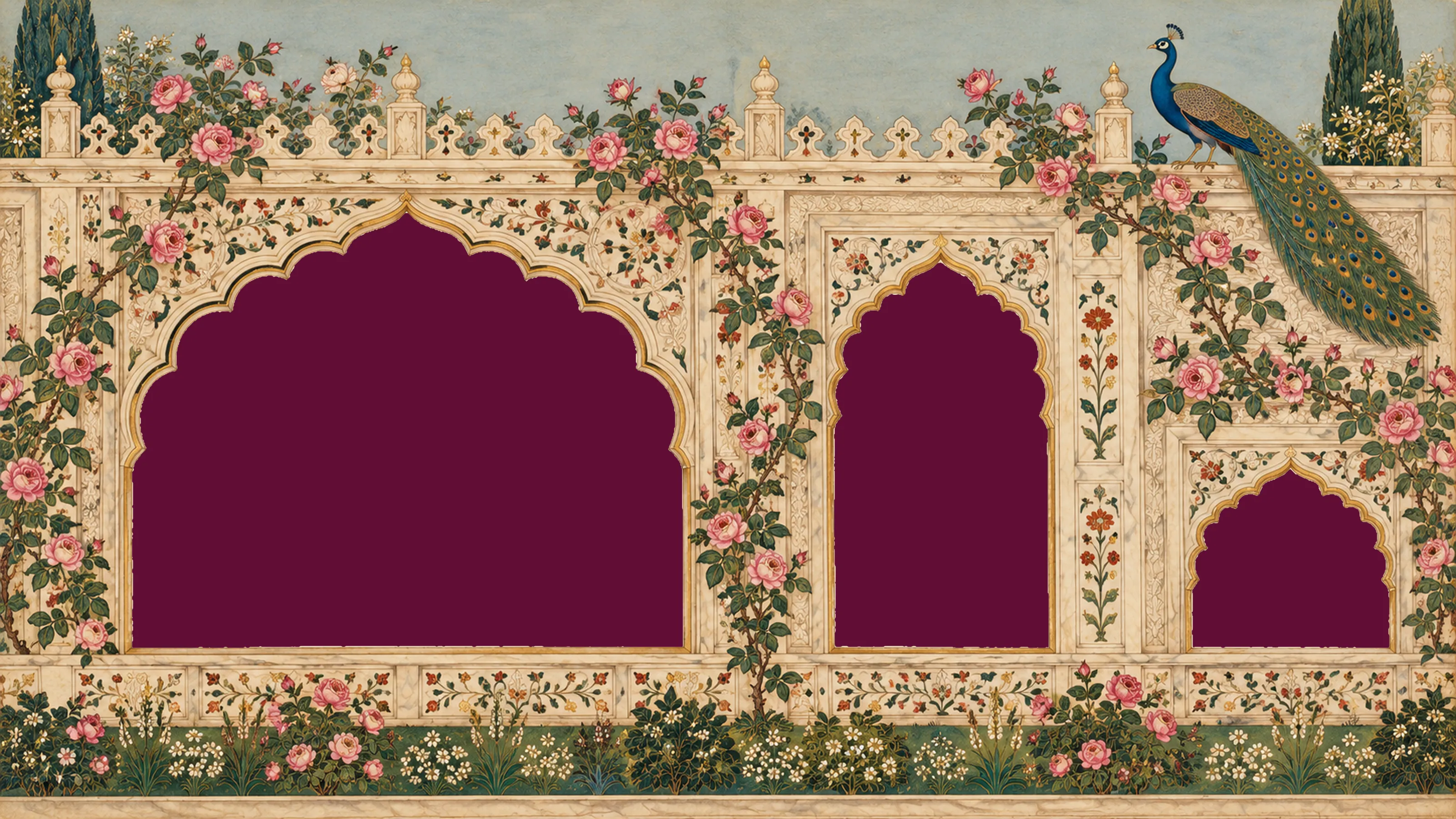 A carved marble garden wall with three arches, a peacock on top