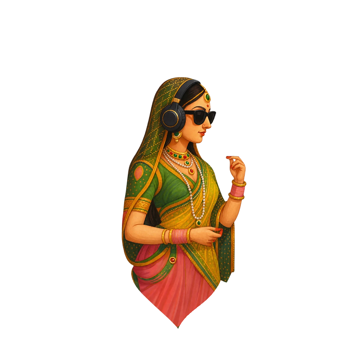 A woman in a green and gold sari, wearing headphones and sunglasses, with a white dove resting on her finger, inside a gold lotus frame