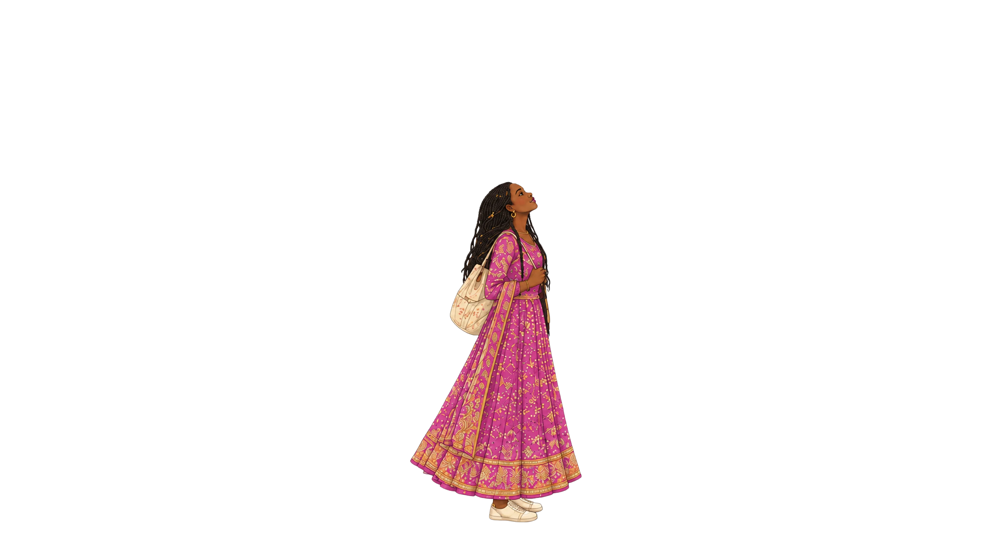 A young Black woman in a pink anarkali standing still in the crosswalk, looking up at a white dove