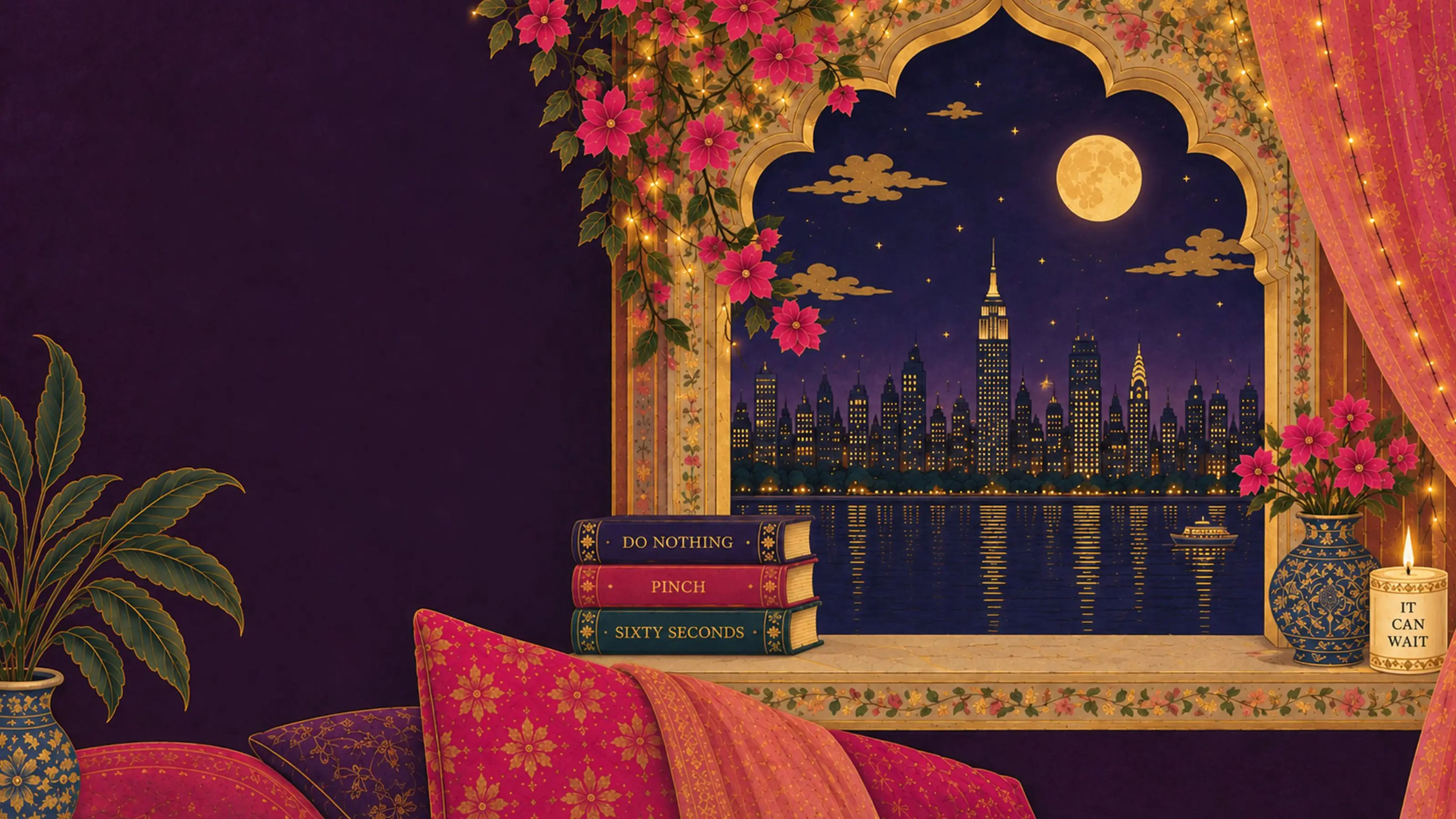 A carved Mughal window at night with a white dove on the sill holding a rose petal, books, a vase of pink flowers and a candle, and the Manhattan skyline across the river