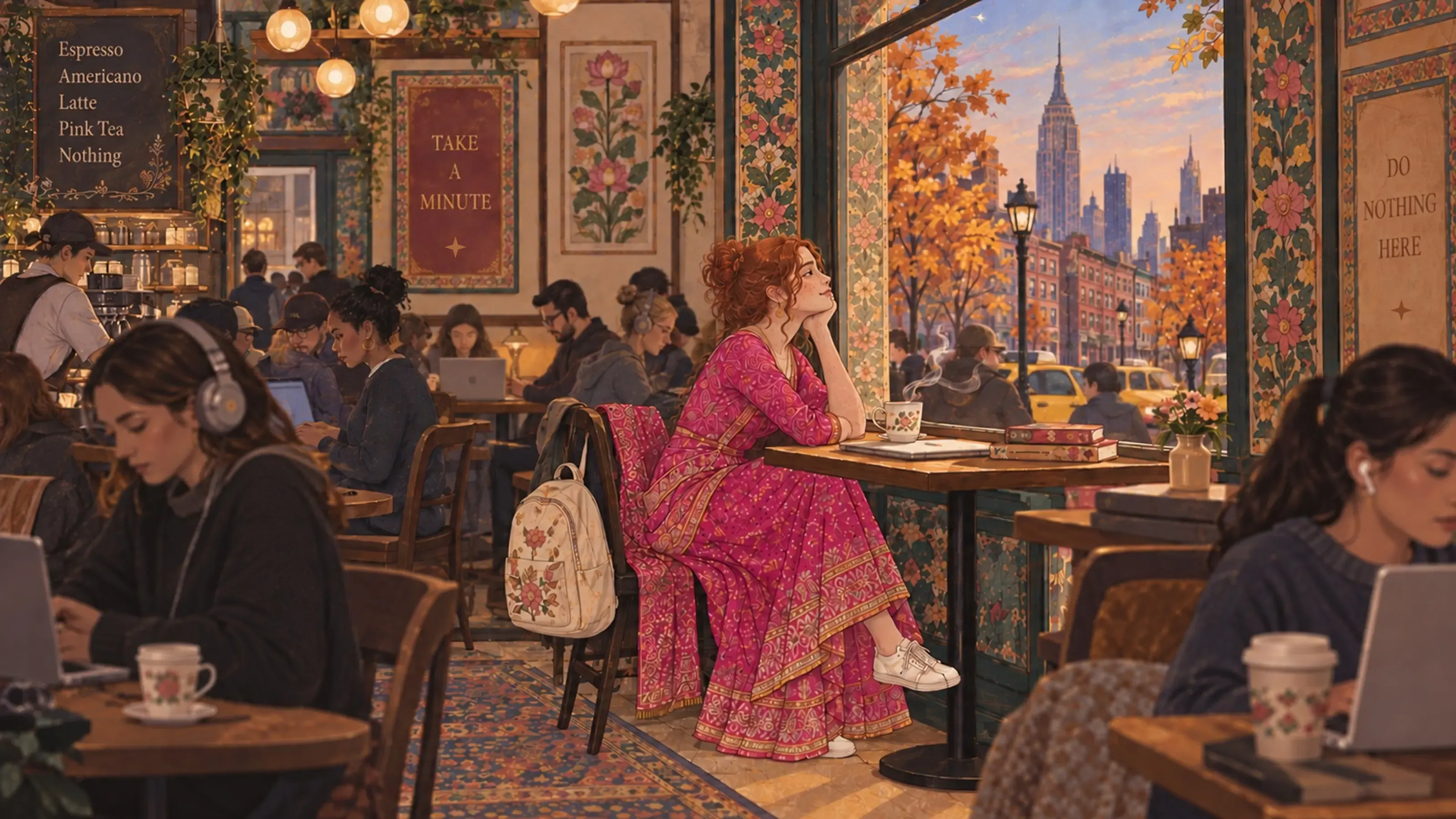 A New York café where everyone is on a laptop or a phone except one red-haired woman in a pink anarkali, chin on her hand, looking out of the window. Signs read Pink Tea, Nothing, Take a Minute and Do Nothing Here