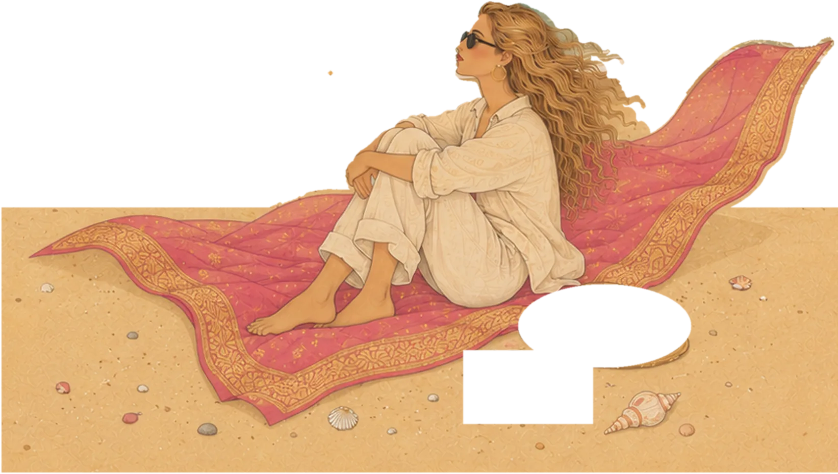 A woman sitting on a pink silk dupatta on the sand, looking out to sea
