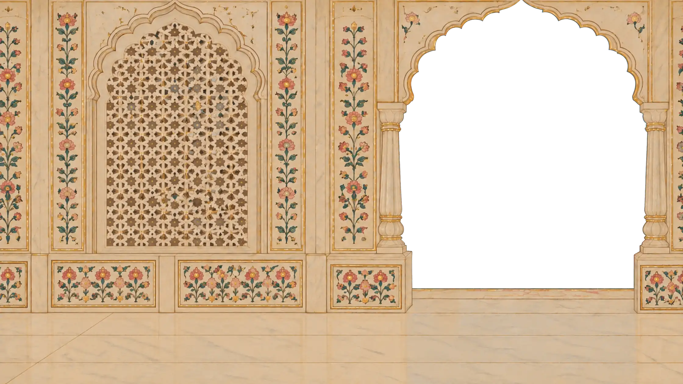 A white marble Mughal pavilion with an open arch looking out over a city
