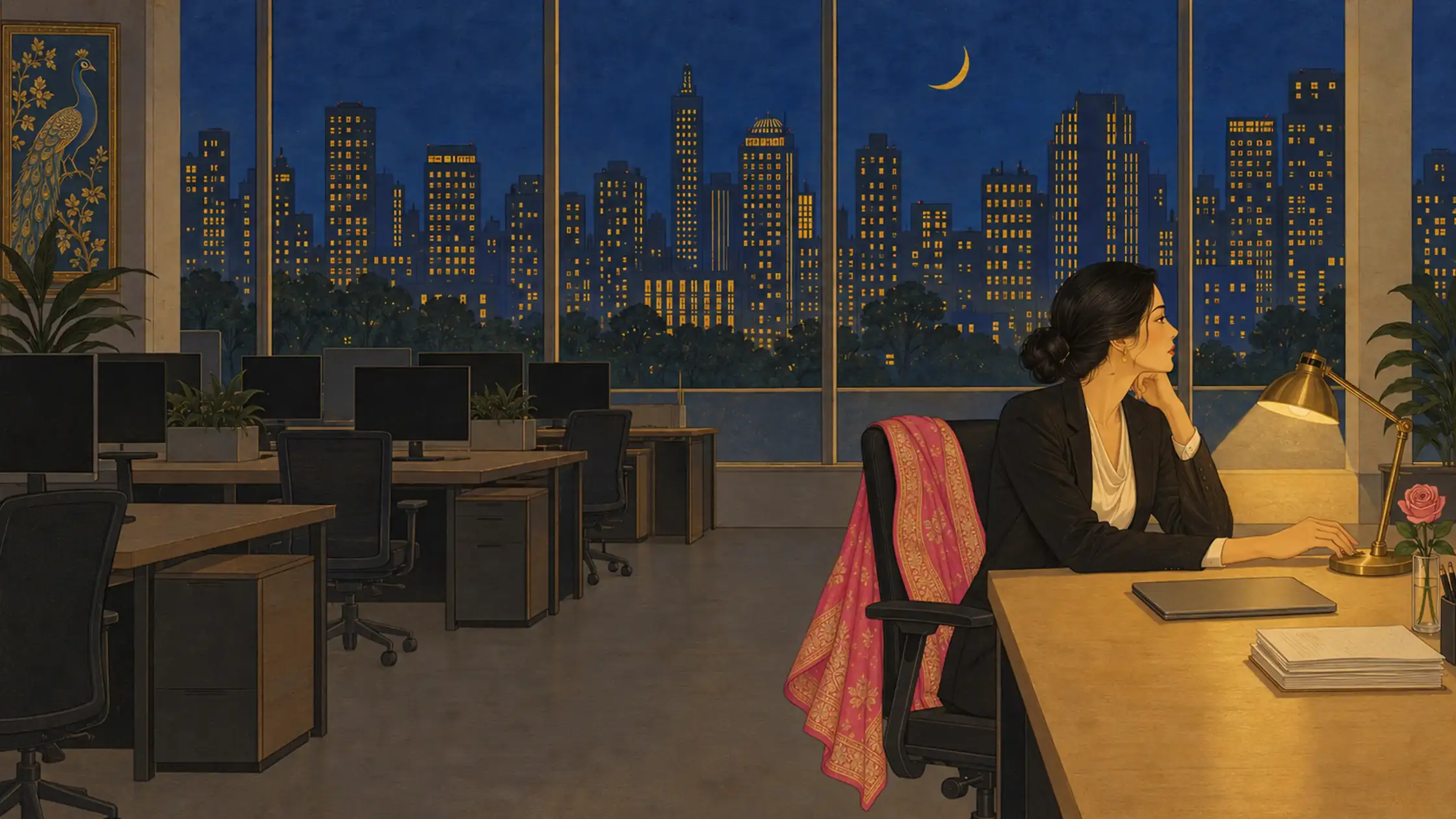 An office at night: empty desks, a city lit up beyond the glass, one woman still at her desk with the lamp on