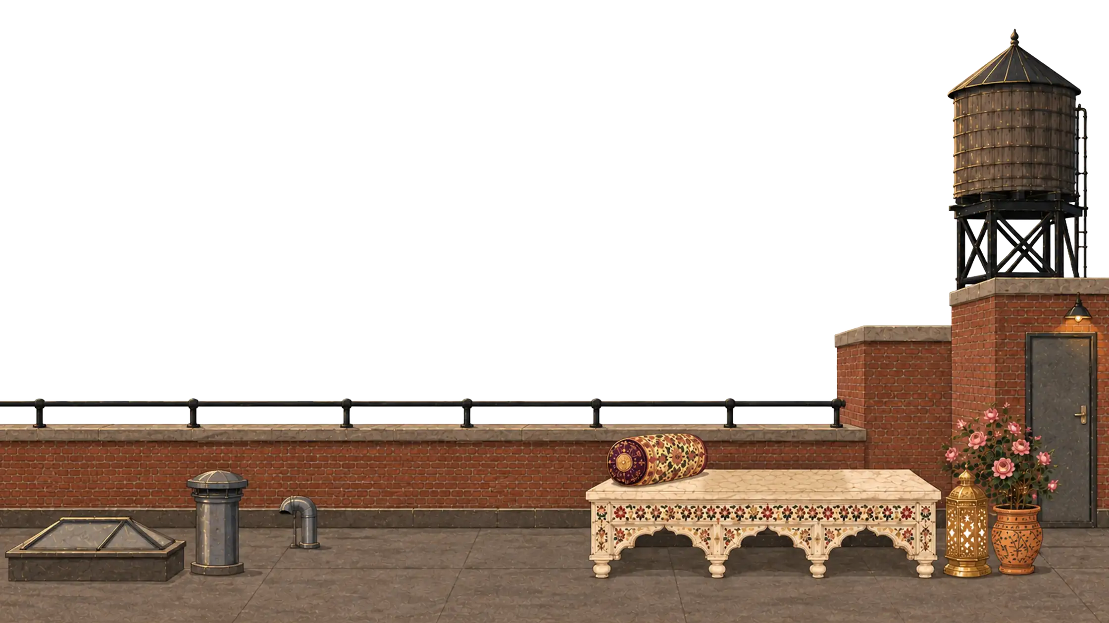 An empty carved marble Mughal bench on a New York rooftop at night, the city lit up behind it