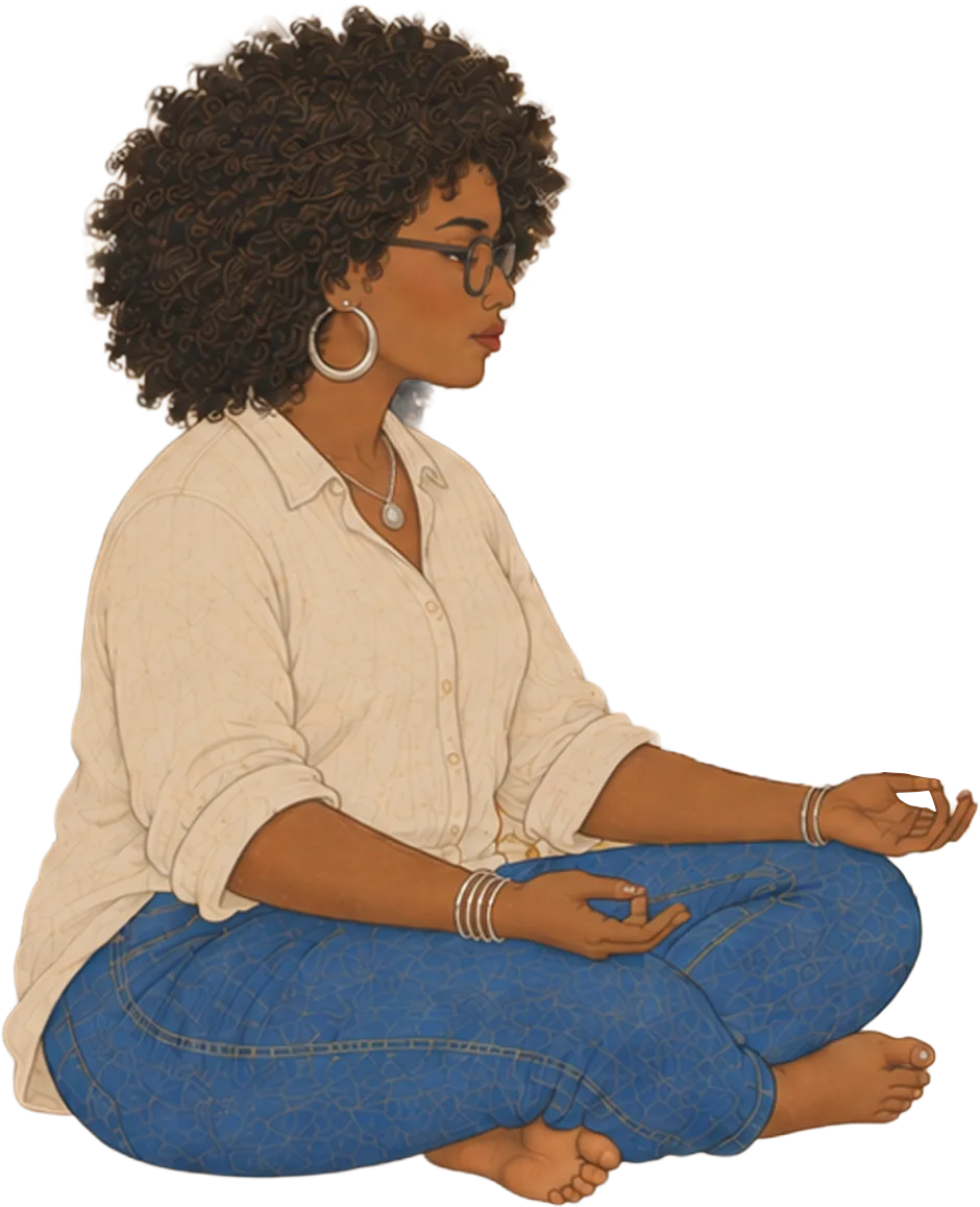 A woman sitting cross-legged on the marble floor, still