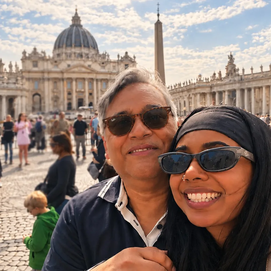 Neil and Chanel Christy, father and daughter, cheek to cheek and smiling in St Peter's Square in Rome, the obelisk and colonnade behind them