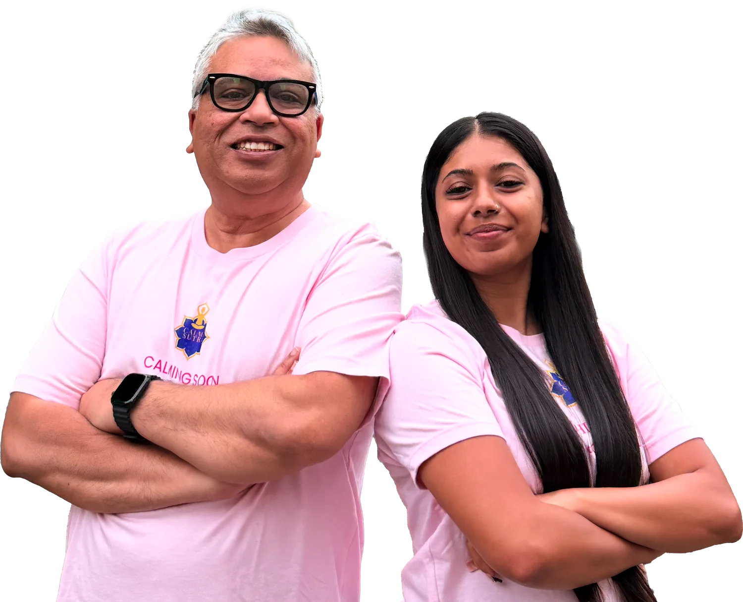 Neil and Chanel Christy side by side in pink Calma Sutra T-shirts, arms crossed, smiling