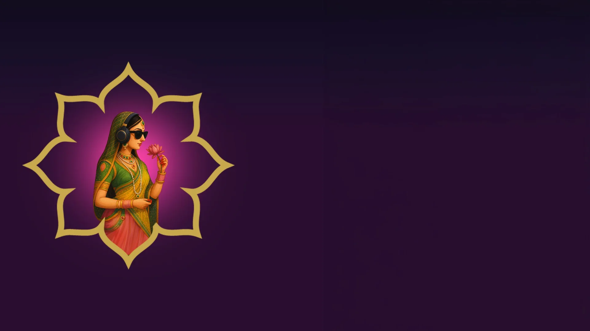 A woman in a green and gold sari, with headphones and sunglasses, smells a pink lotus inside a gold lotus frame