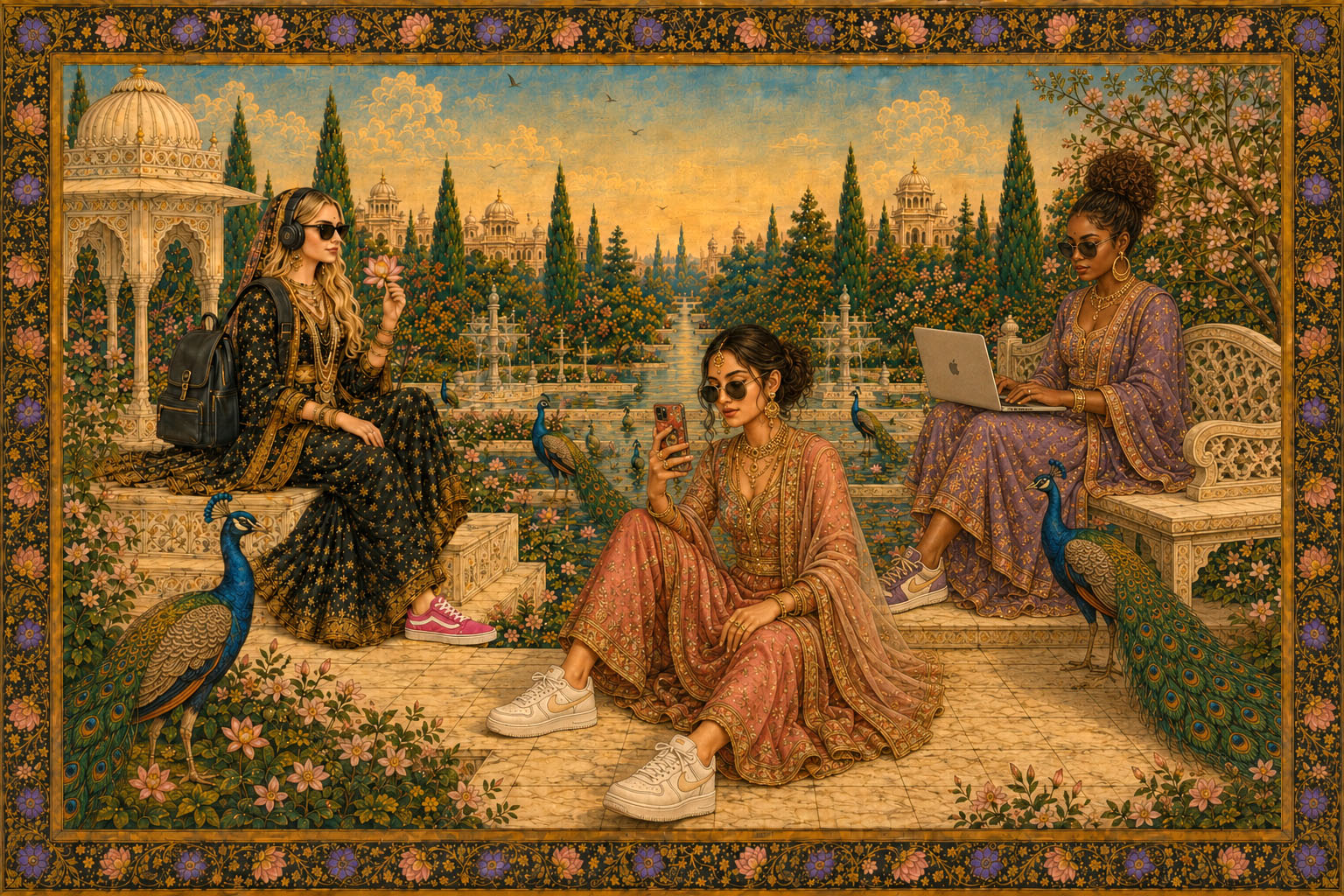 Mughal-style painting of women pausing in a garden