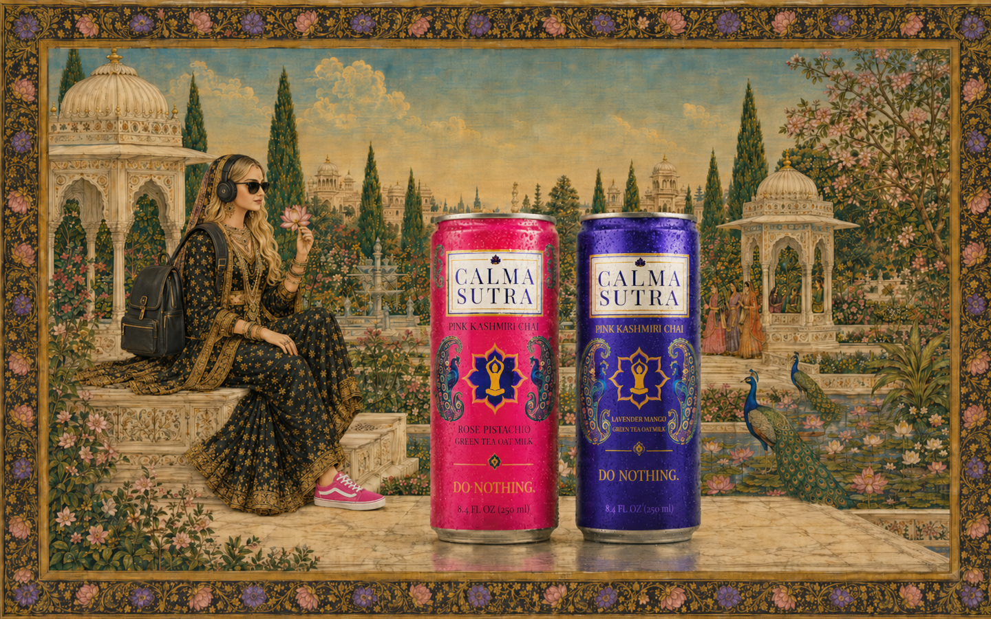 Two Calma Sutra pink Kashmiri chai cans, Rose-Pistachio and Lavender Mango, in a Mughal garden