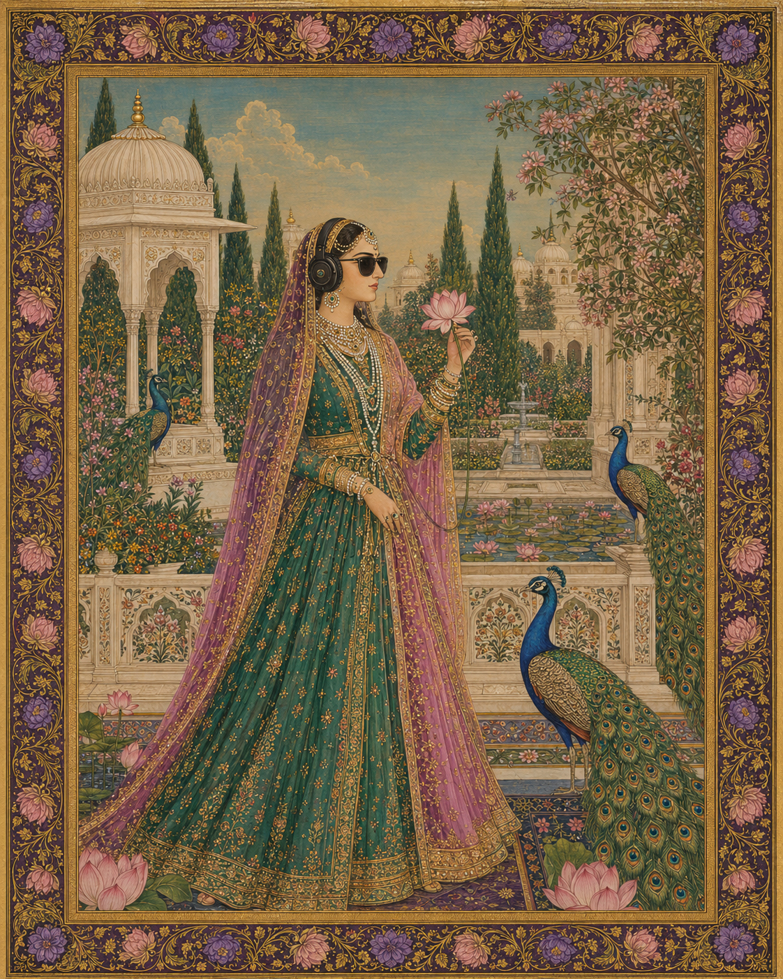 A woman in a Mughal garden wearing headphones, holding a lotus, peacocks beside her