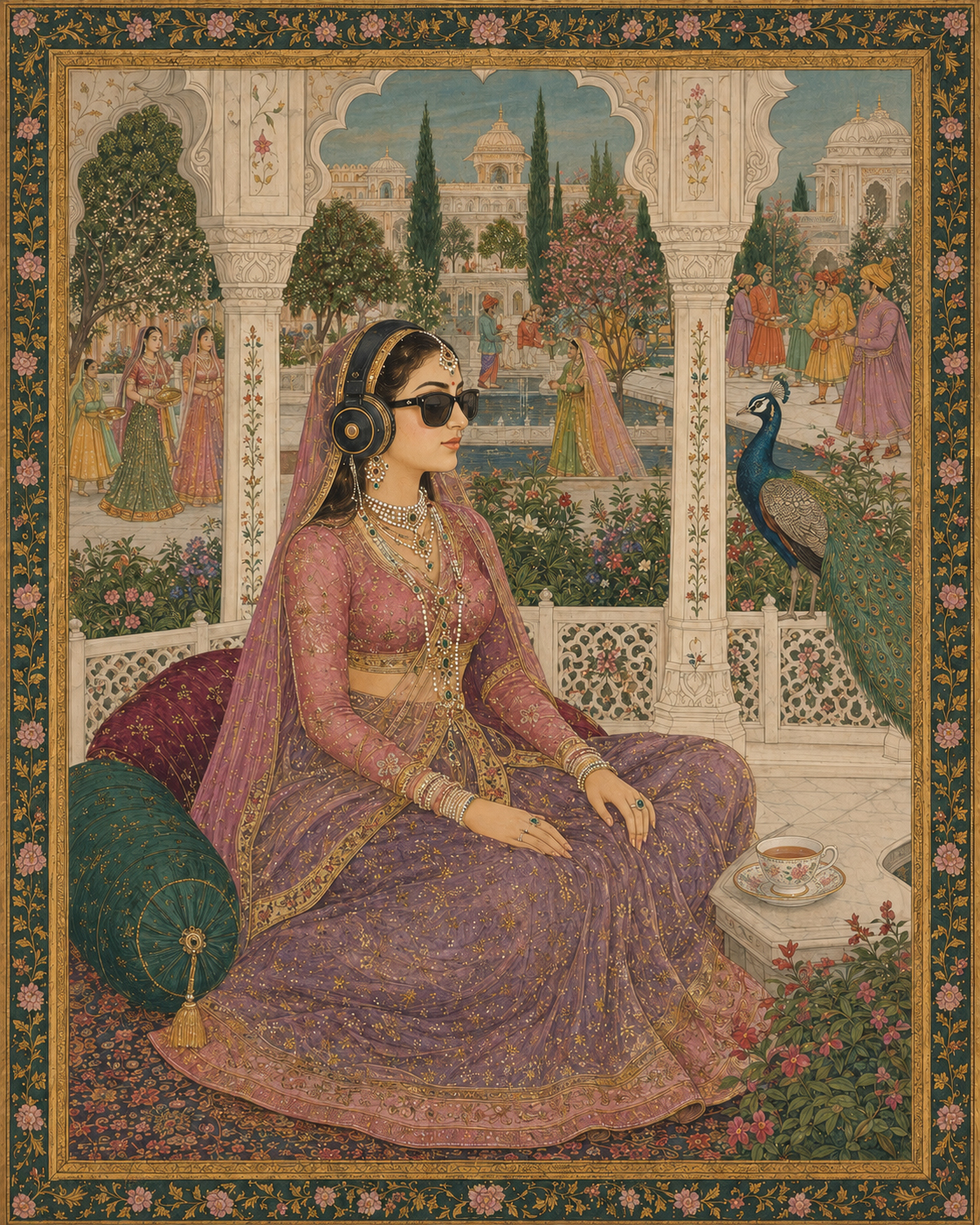 A Mughal-style painting of a woman in a garden with a cup of pink Kashmiri chai and a peacock